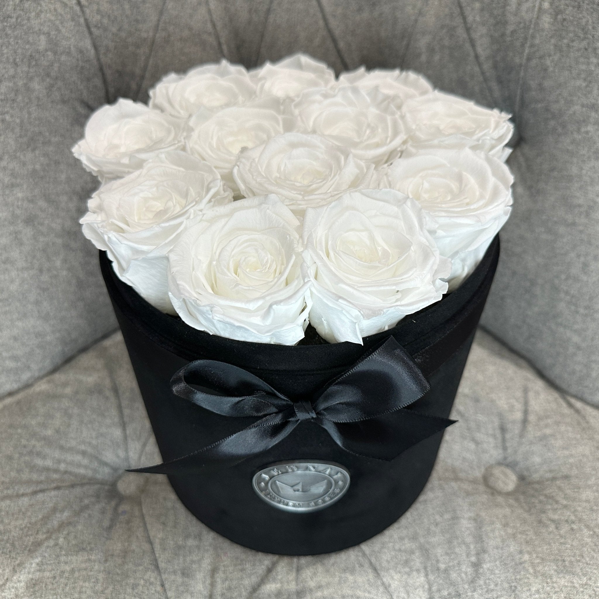 Large Black Suede Forever Rose Box - Angel White Eternal Roses - Jednay Roses