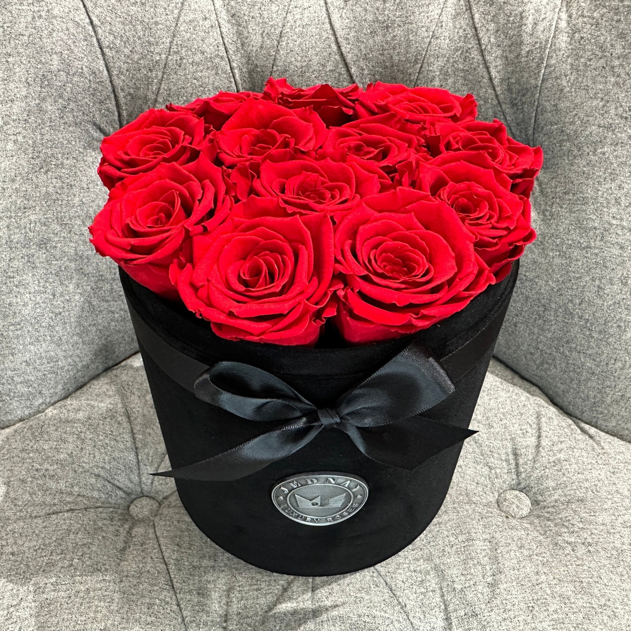 Large Black Suede Forever Rose Box - Classic Red Eternal Roses - Jednay Roses