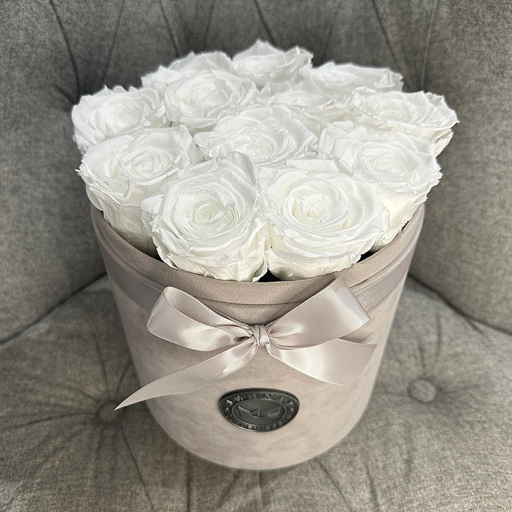 Large Grey Suede Forever Rose Box - Angel White Eternal Roses - Jednay Roses