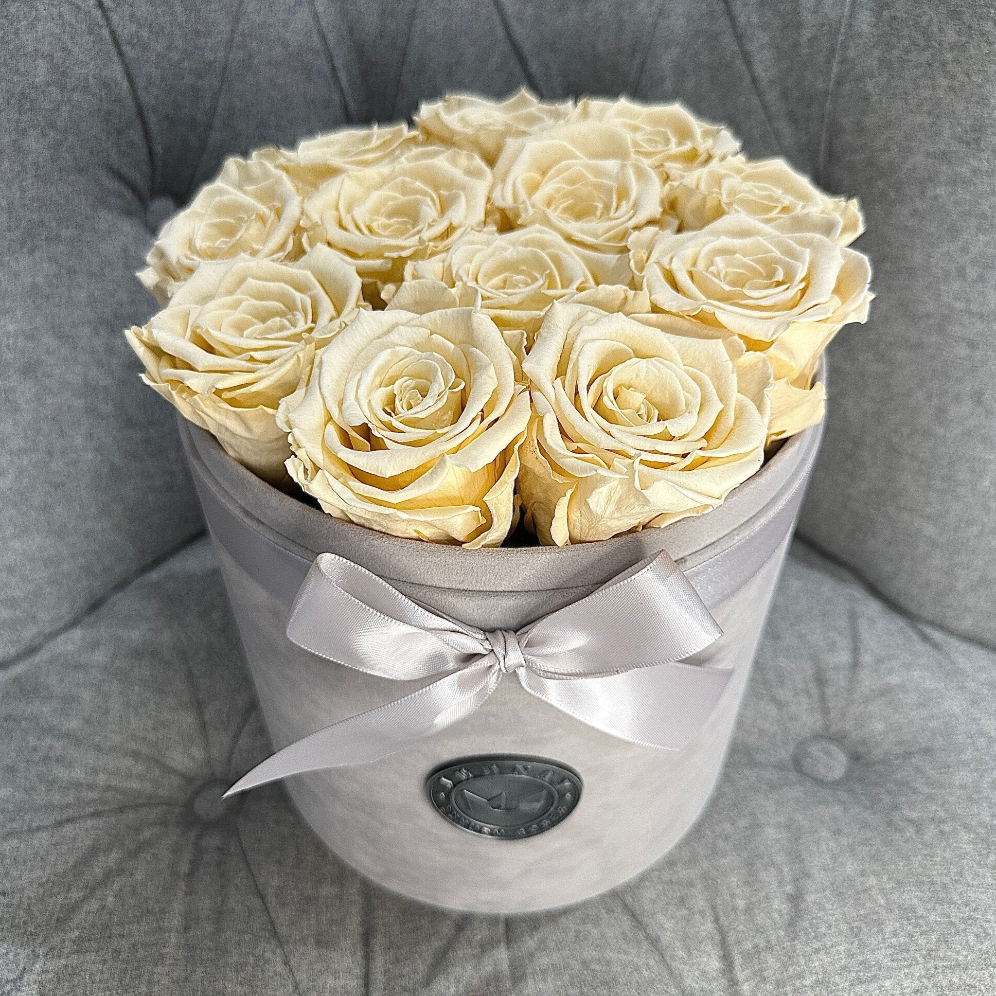 Large Grey Suede Forever Rose Box - Champagne Eternal Roses - Jednay Roses