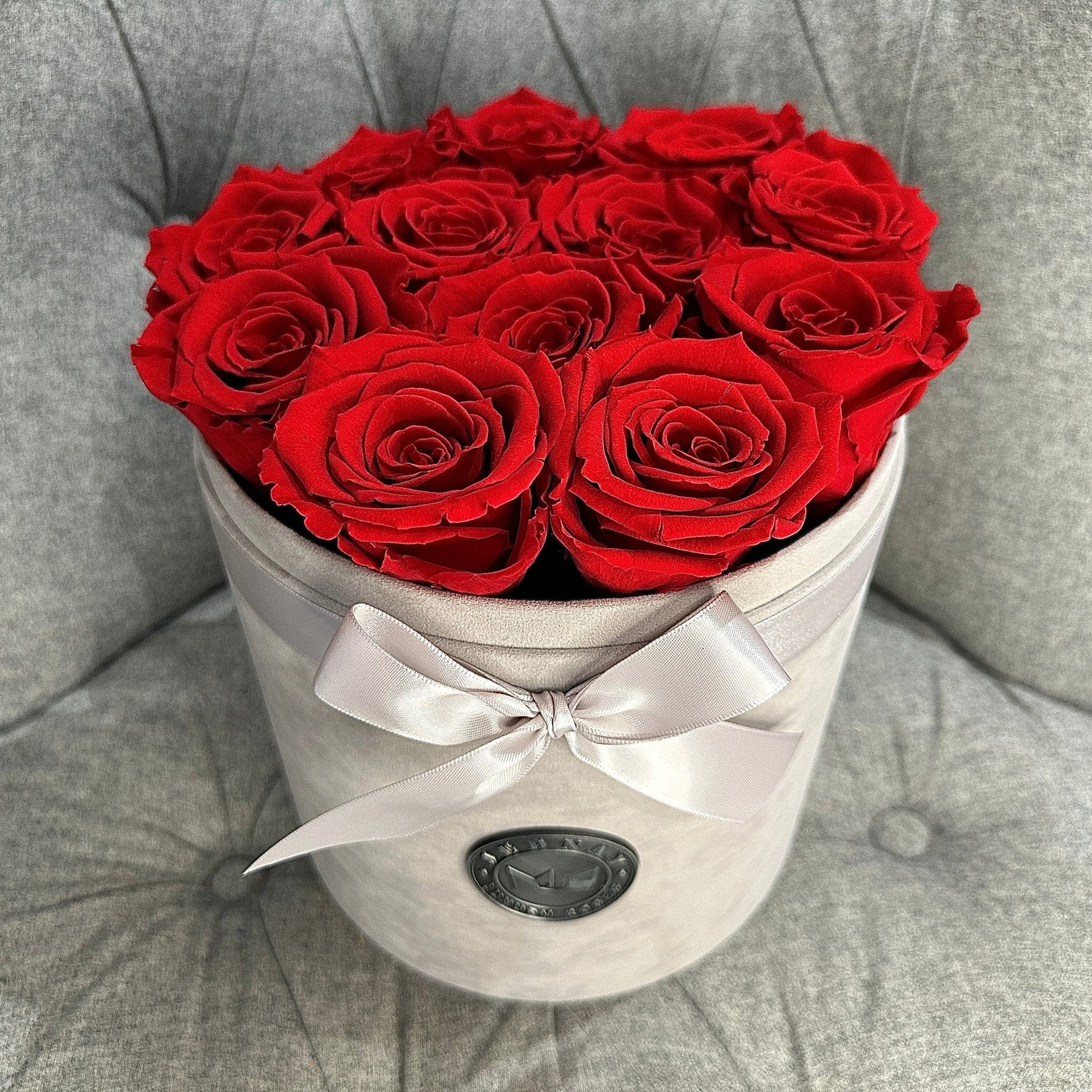 Large Grey Suede Forever Rose Box - Classic Red Eternal Roses - Jednay Roses