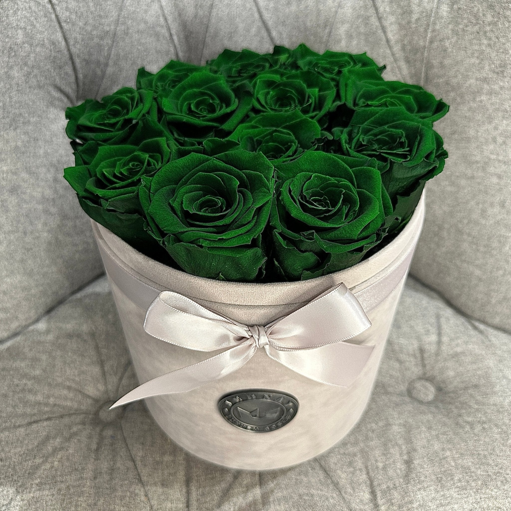 Large Grey Suede Forever Rose Box - Deep Forest Green Eternal Roses - Jednay Roses