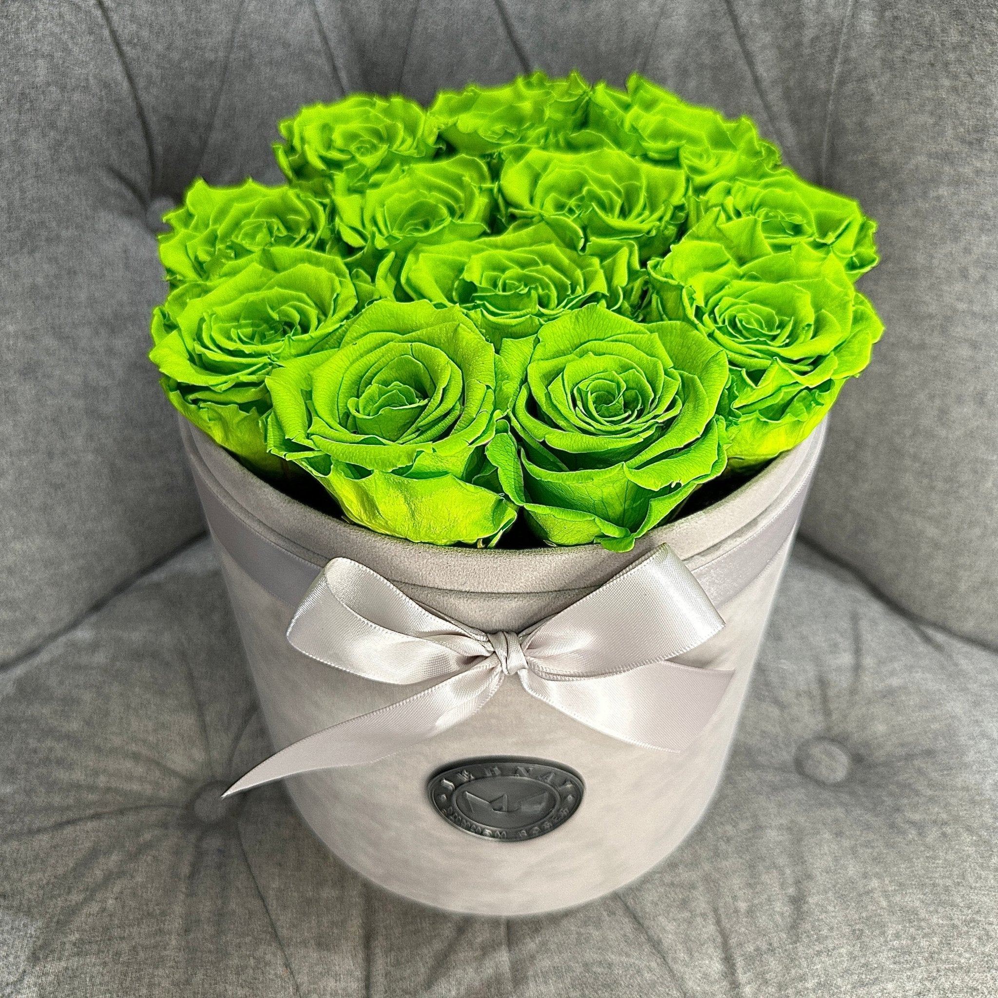 Large Grey Suede Forever Rose Box - Limeade Eternal Roses - Jednay Roses