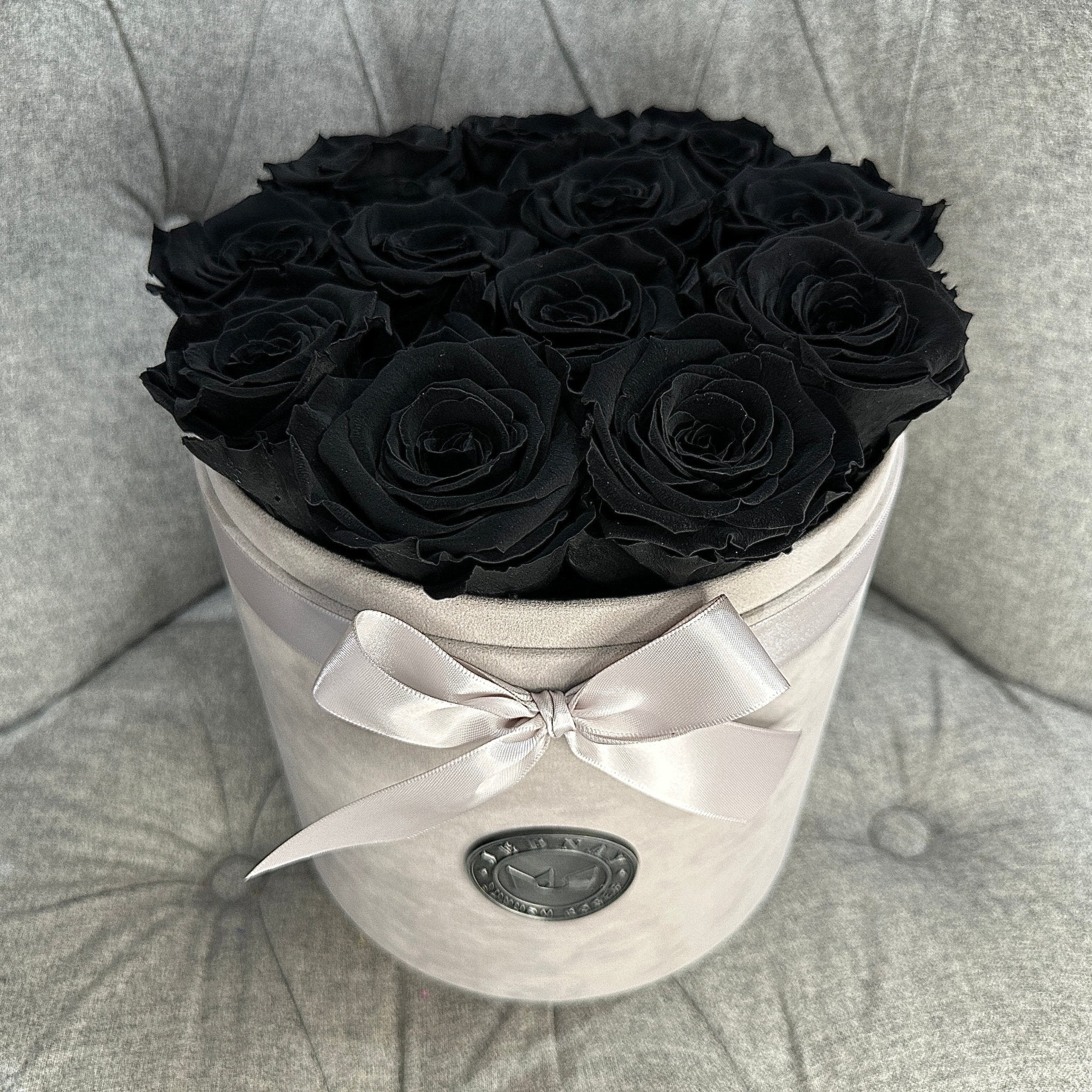 Large Grey Suede Forever Rose Box - Midnight Black Eternal Roses - Jednay Roses