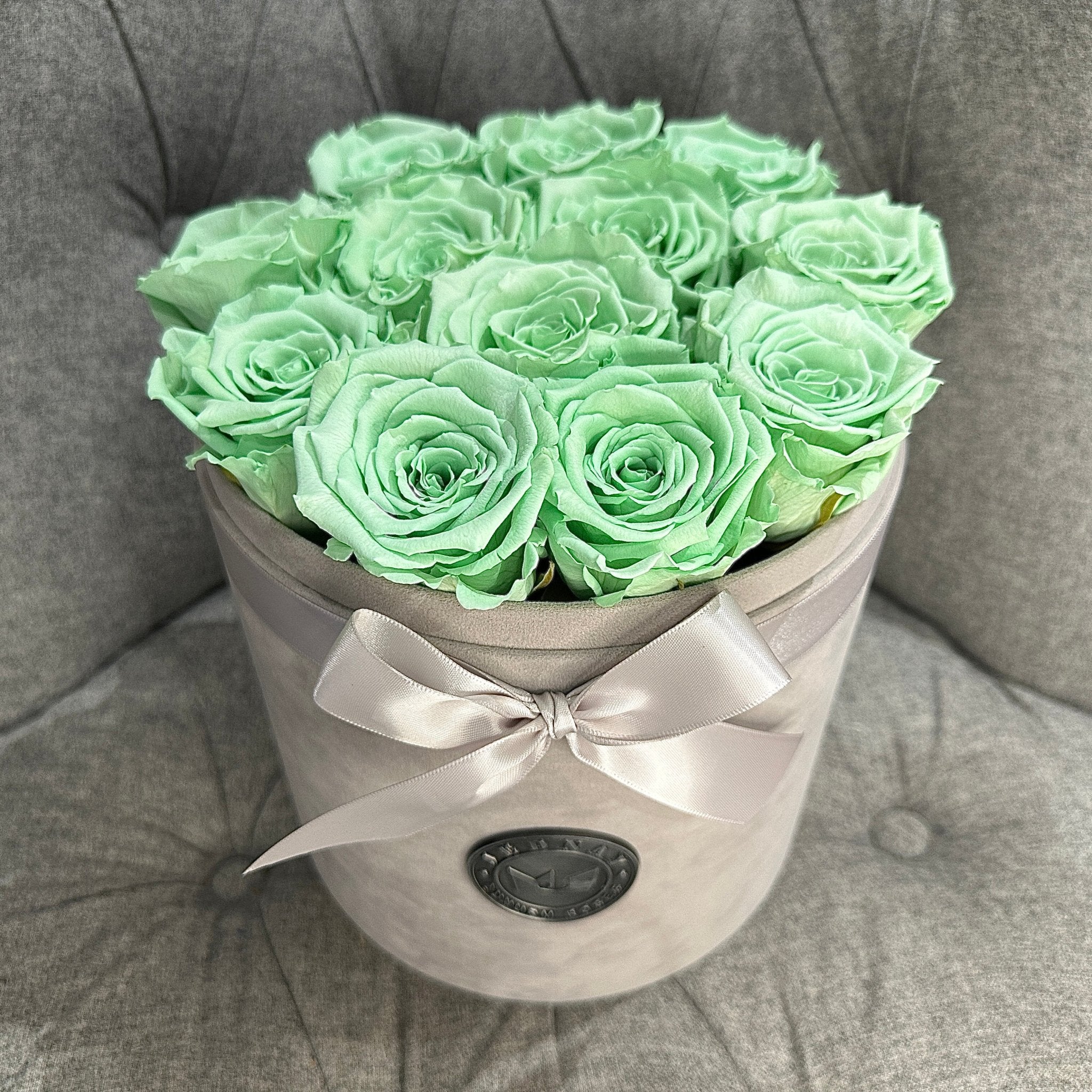 Large Grey Suede Forever Rose Box - Peppermint Tea Eternal Roses - Jednay Roses