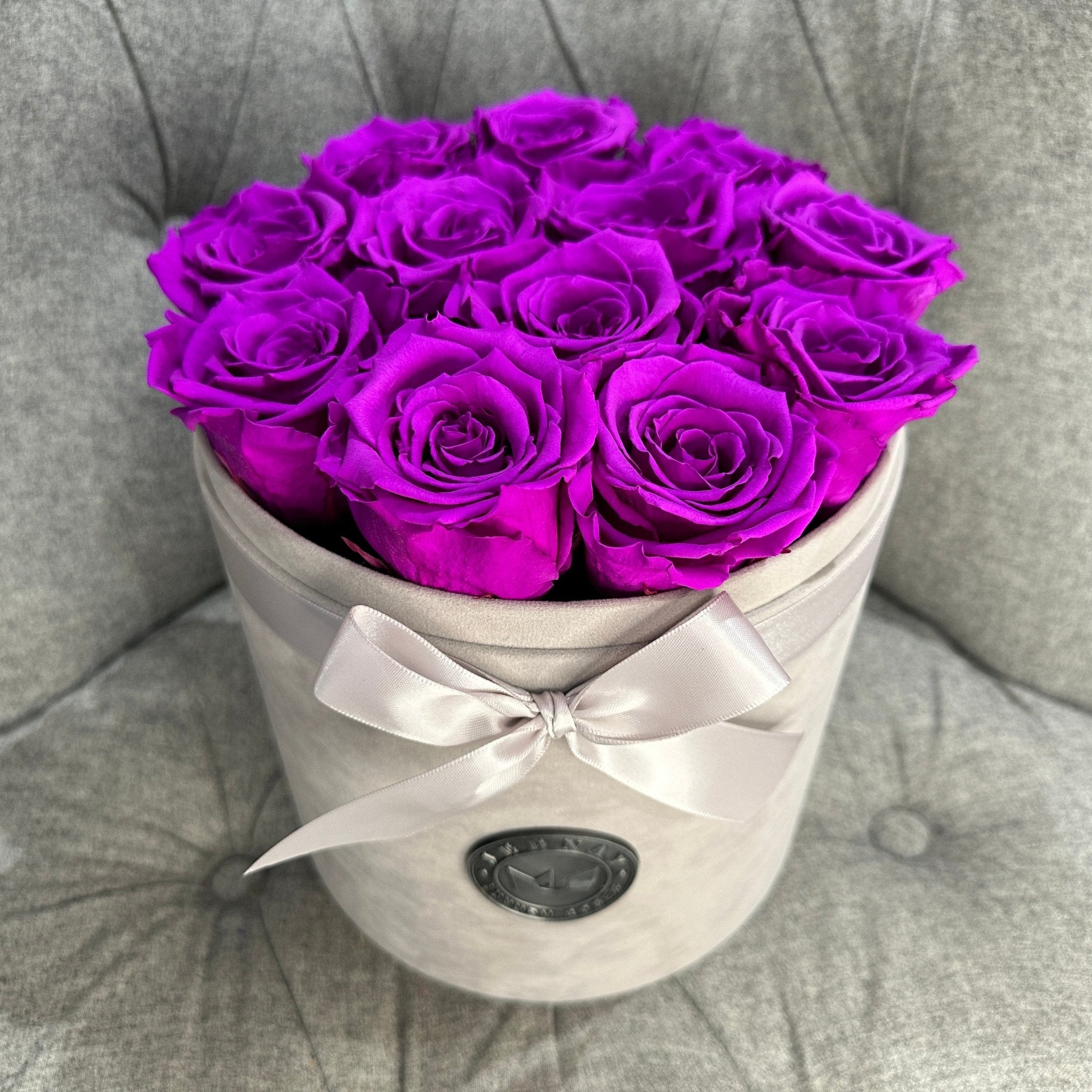 Large Grey Suede Forever Rose Box - Purple Rain Eternal Roses - Jednay Roses