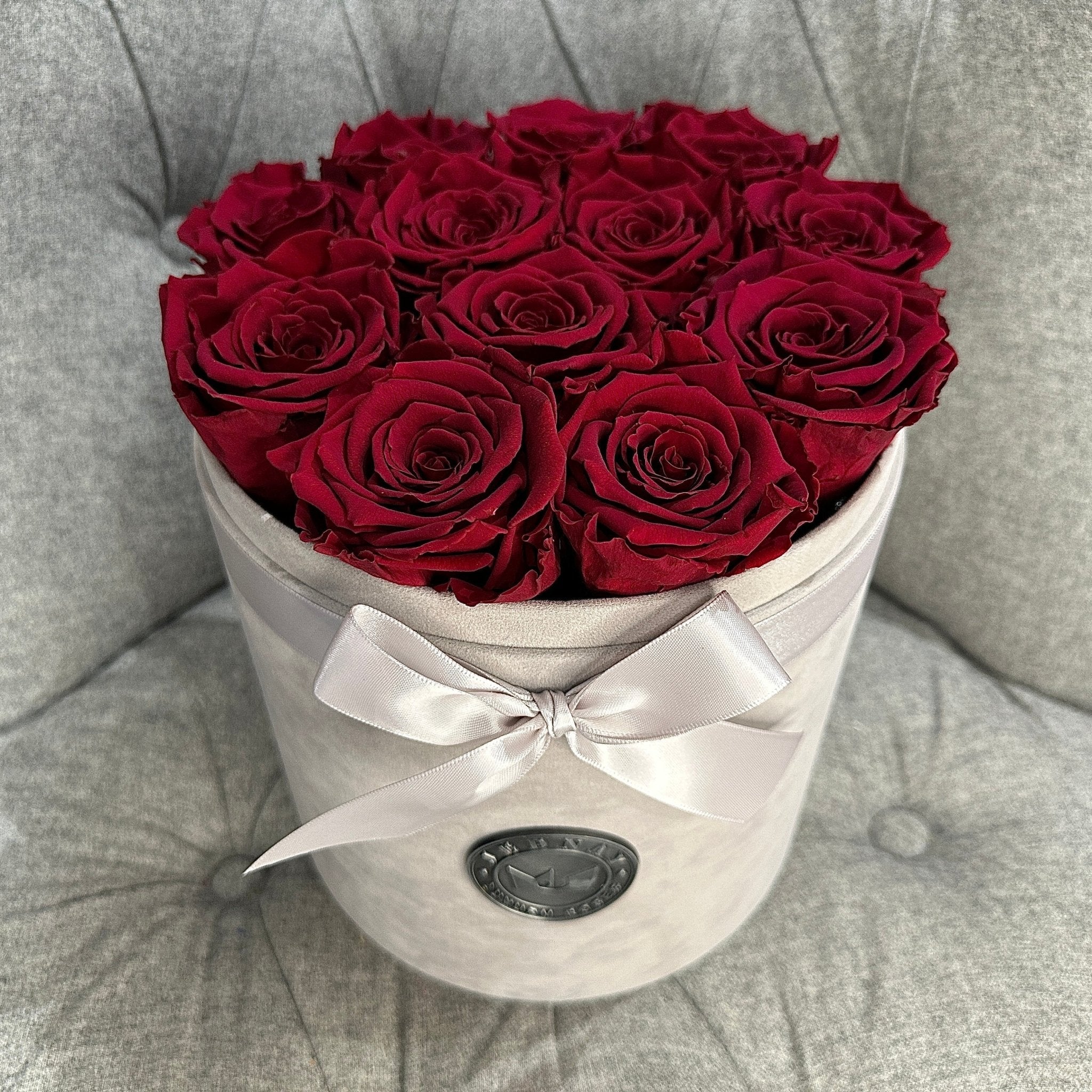 Large Grey Suede Forever Rose Box - Red Red Wine Eternal Roses - Jednay Roses