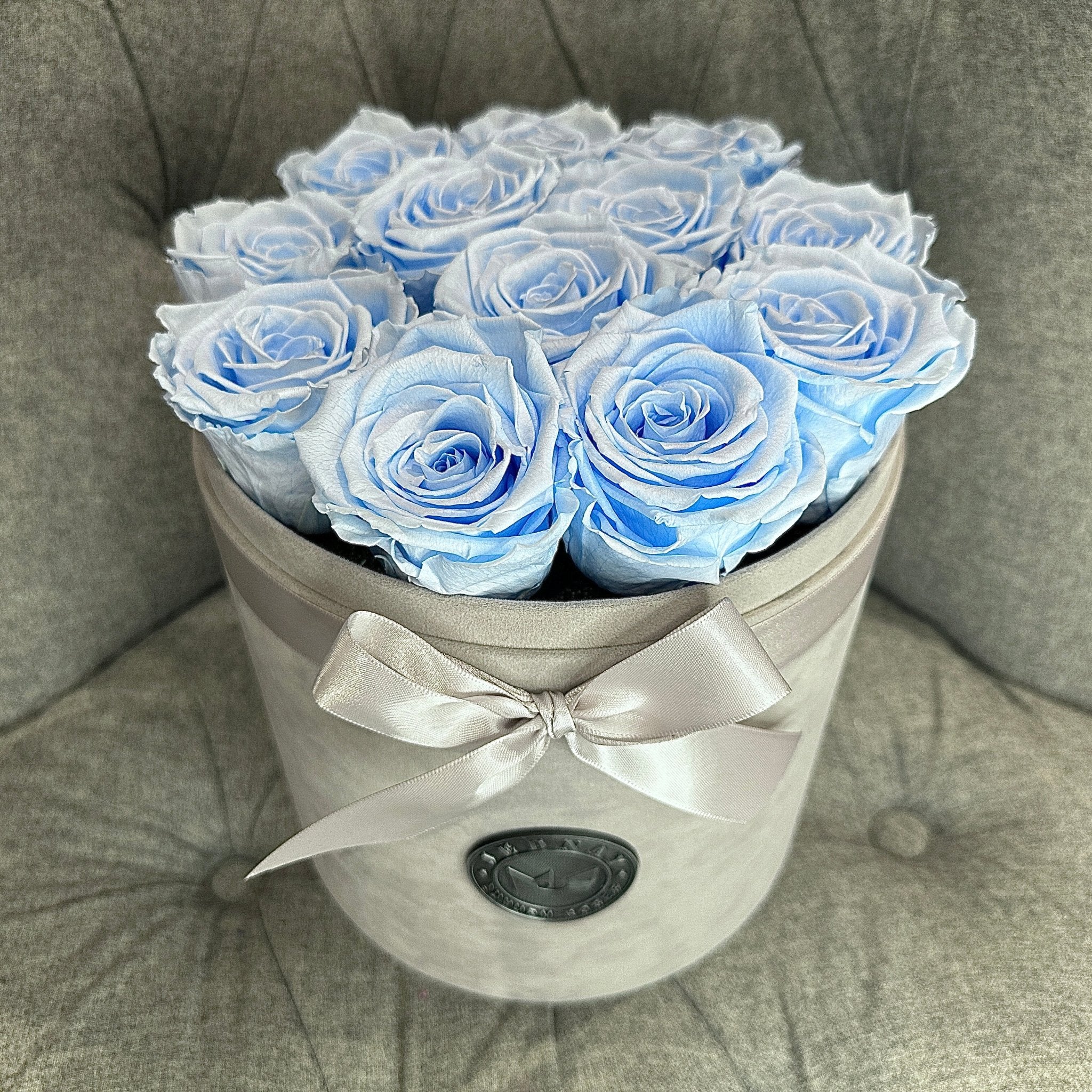 Large Grey Suede Forever Rose Box - Sky Blue Eternal Roses - Jednay Roses