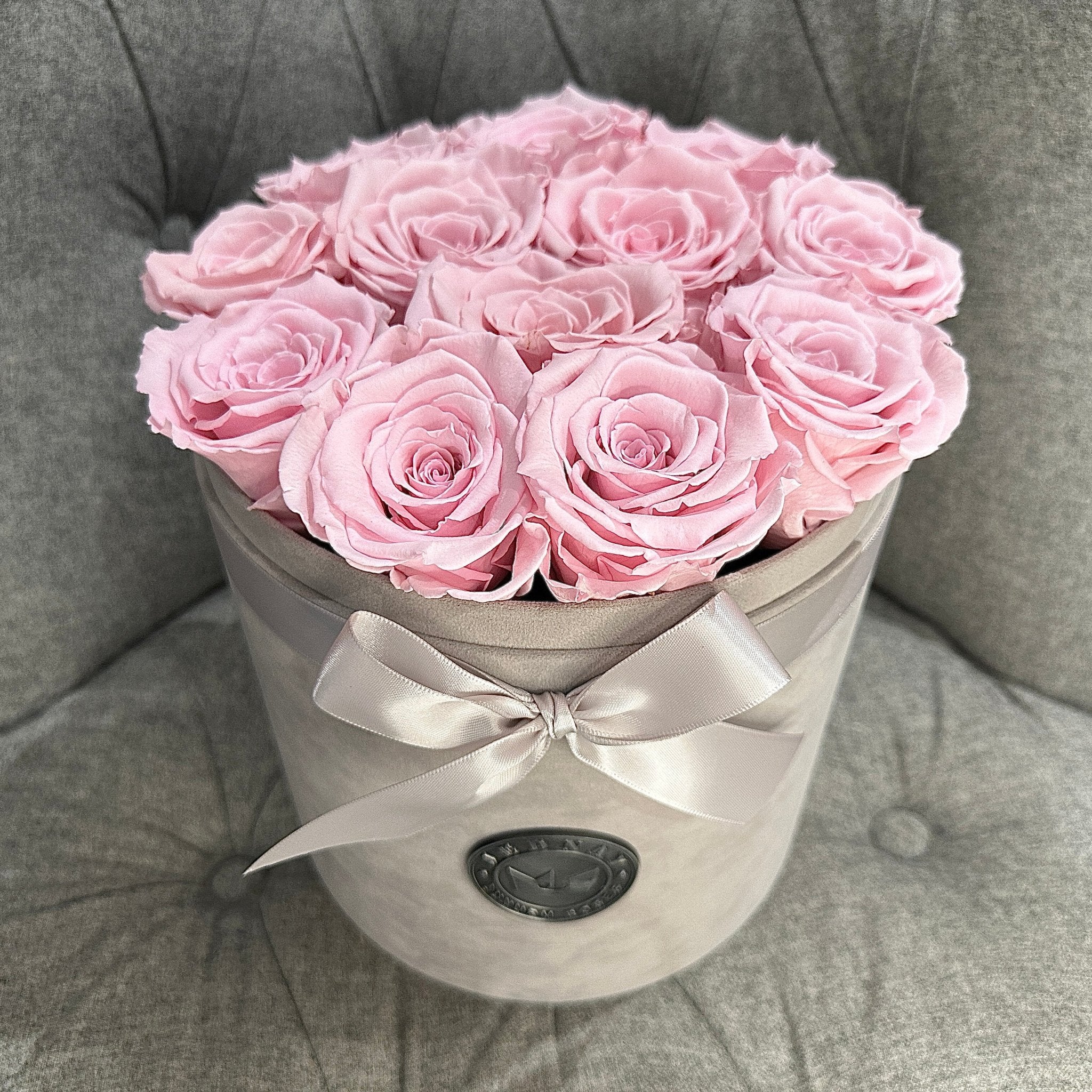 Large Grey Suede Forever Rose Box - Soft Pink Eternal Roses - Jednay Roses