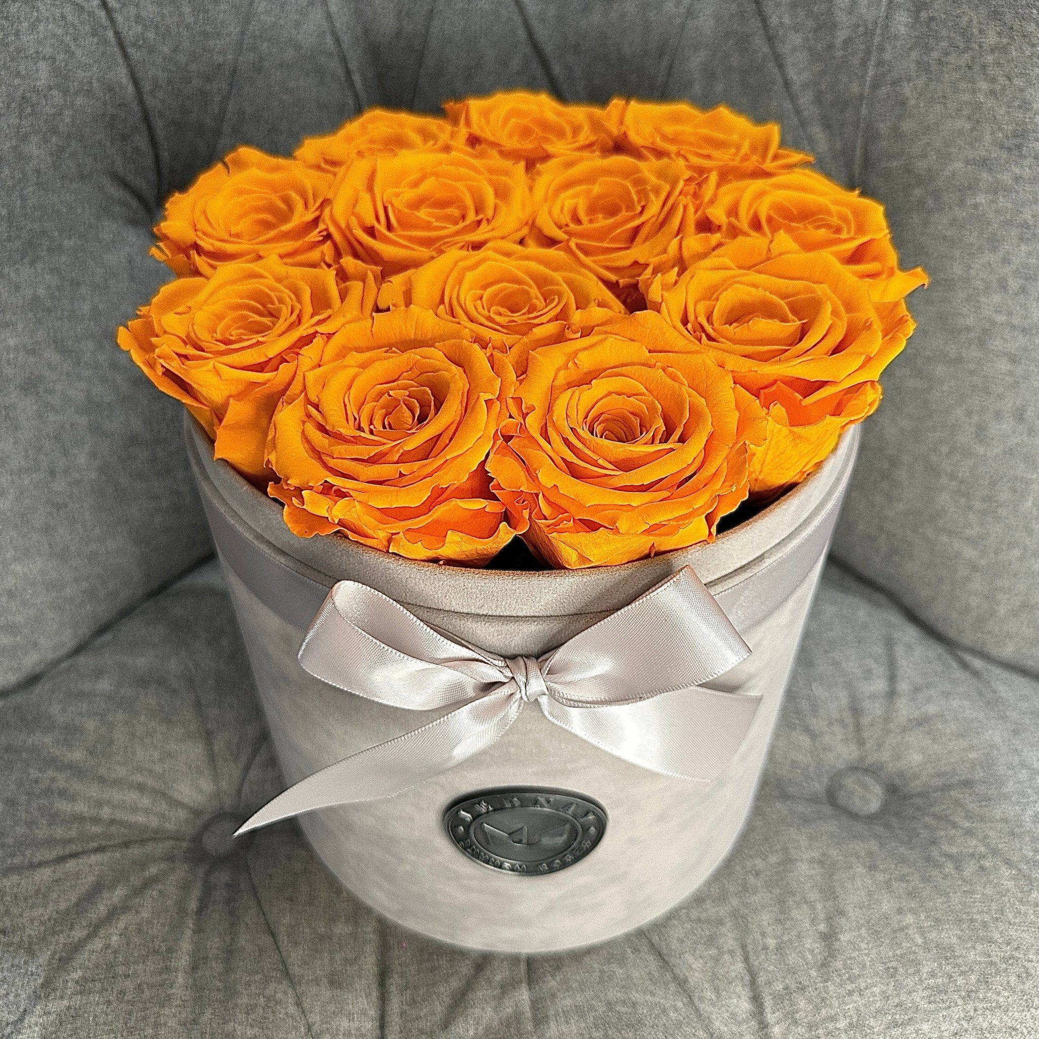 Large Grey Suede Forever Rose Box - Sunset Orange Eternal Roses - Jednay Roses