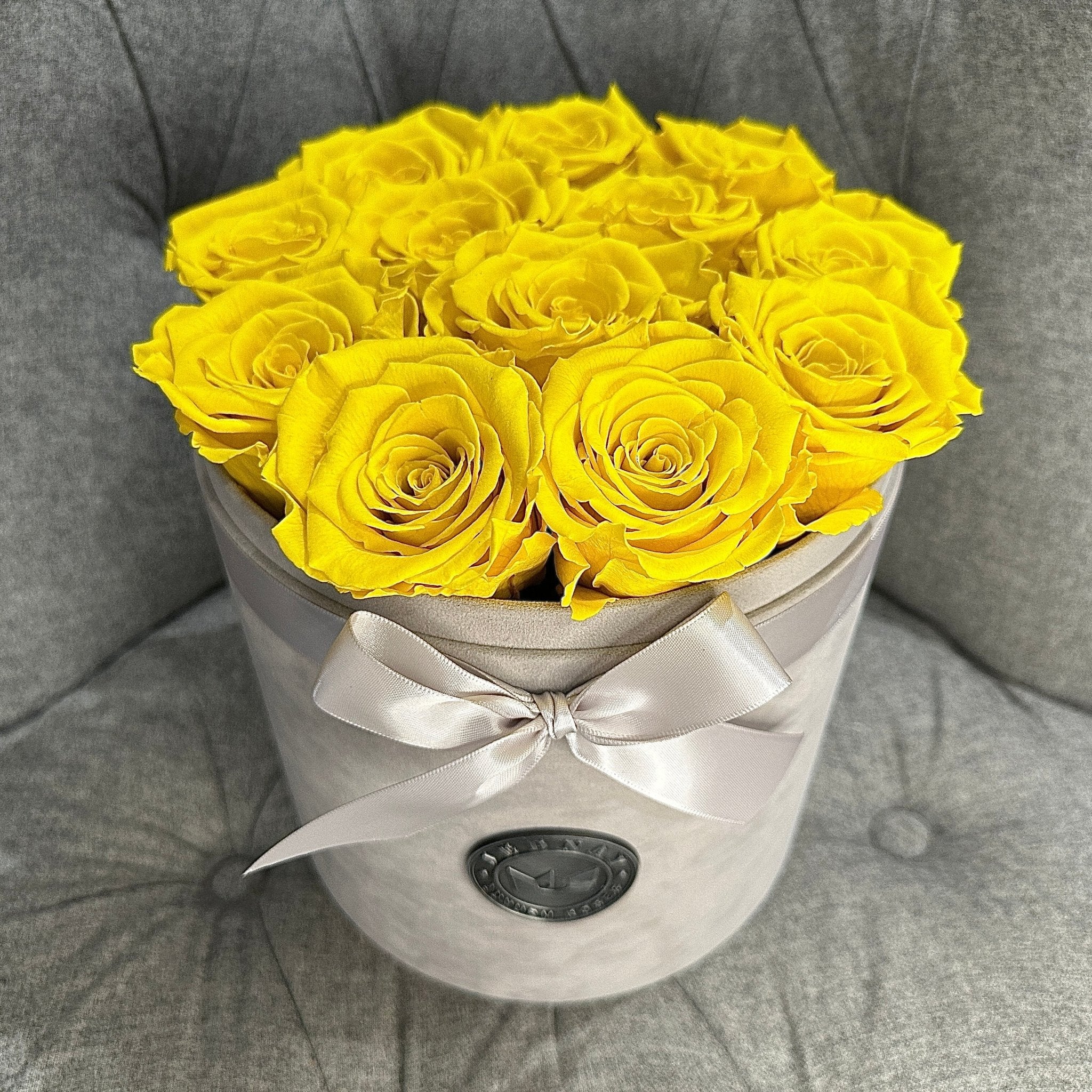 Large Grey Suede Forever Rose Box - Sunshine Yellow Eternal Roses - Jednay Roses