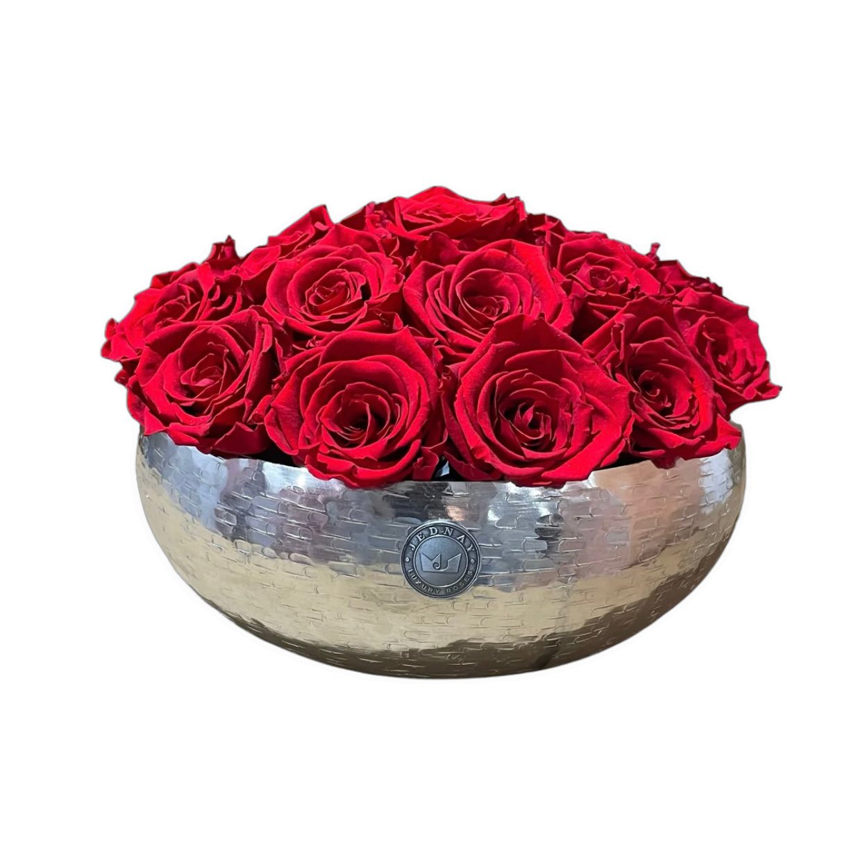 The Knightsbridge - Classic Red Forever Roses - Chrome Bowl - Jednay Roses